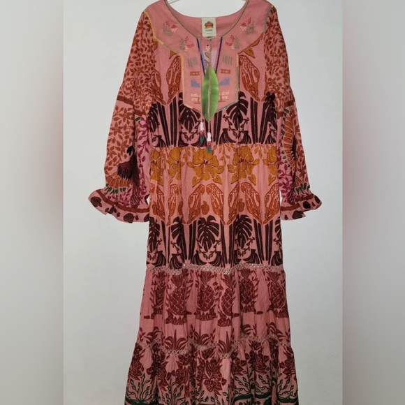 NWOT FARM Rio multi color Ainika Print Macaws Tiered Maxi Dress - Picture 2 of 9